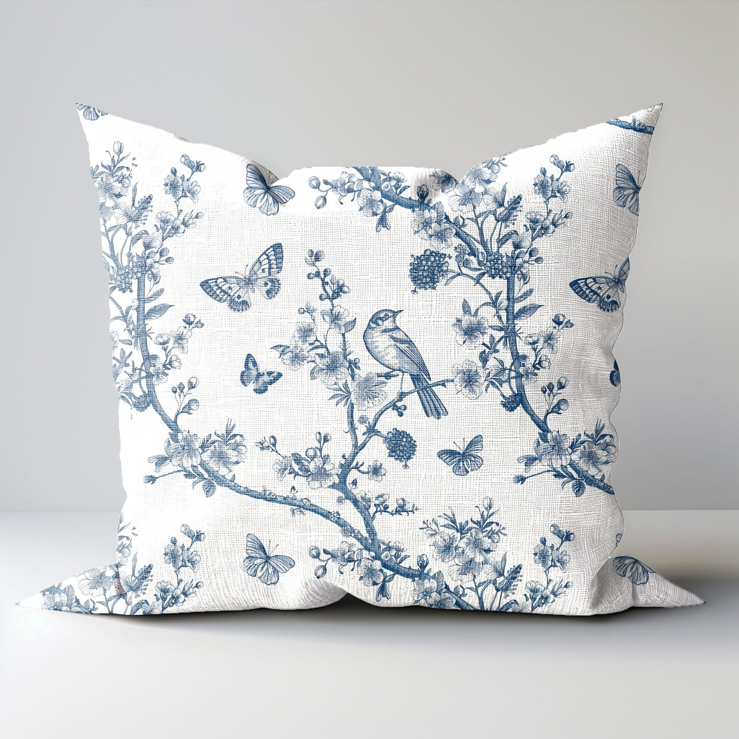 Designer blue Floral on Linen Pillow Cover, french toile de jouy  Pillow, Farmhouse Botanical printed pillow on flax