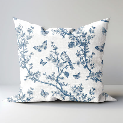 Designer blue Floral on Linen Pillow Cover, french toile de jouy  Pillow, Farmhouse Botanical printed pillow on flax