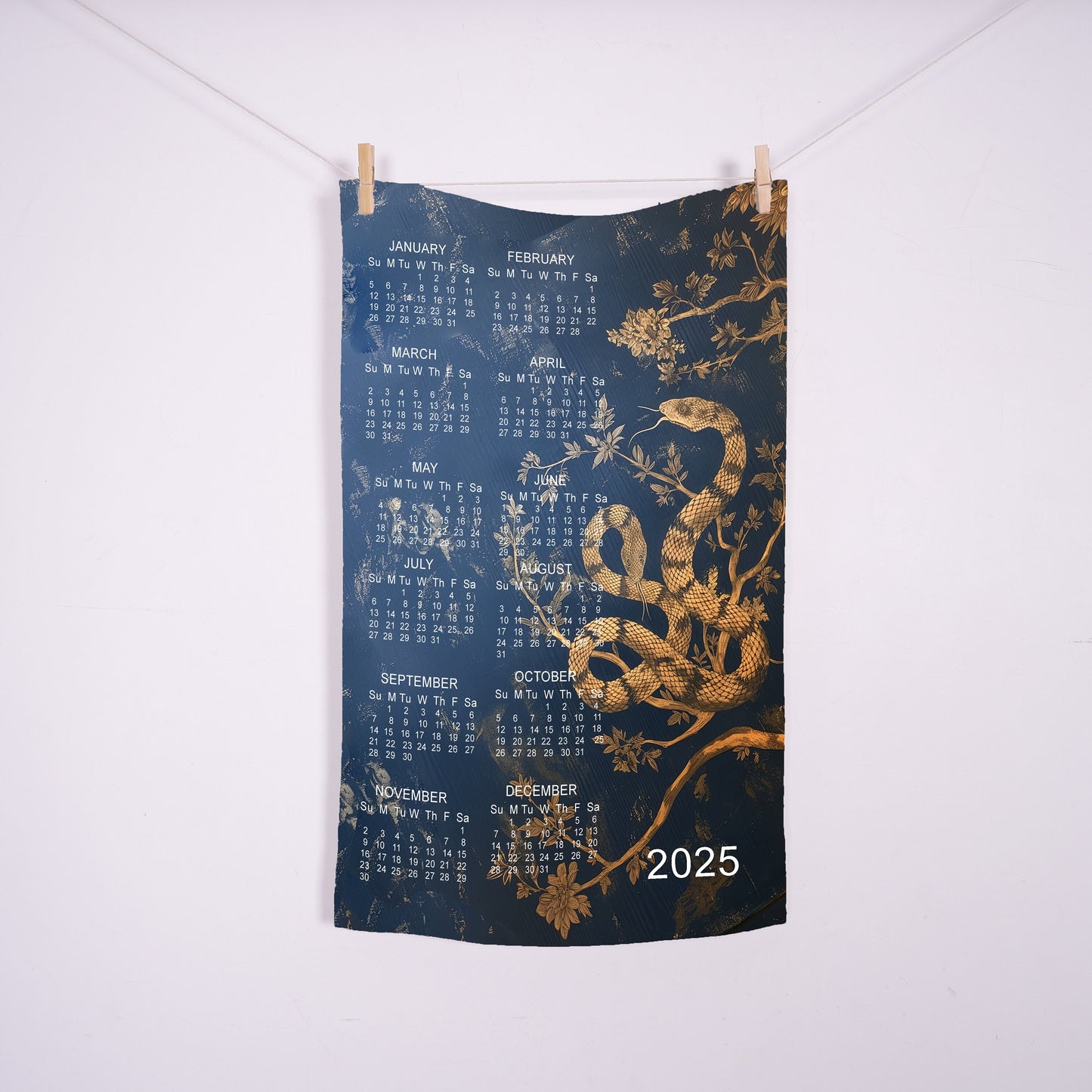 2025 Calendar Towel with year zodiac Snake in linen dark blue, linen tea towel with 2025 Calendar, linen guest towel 2025 Calendar