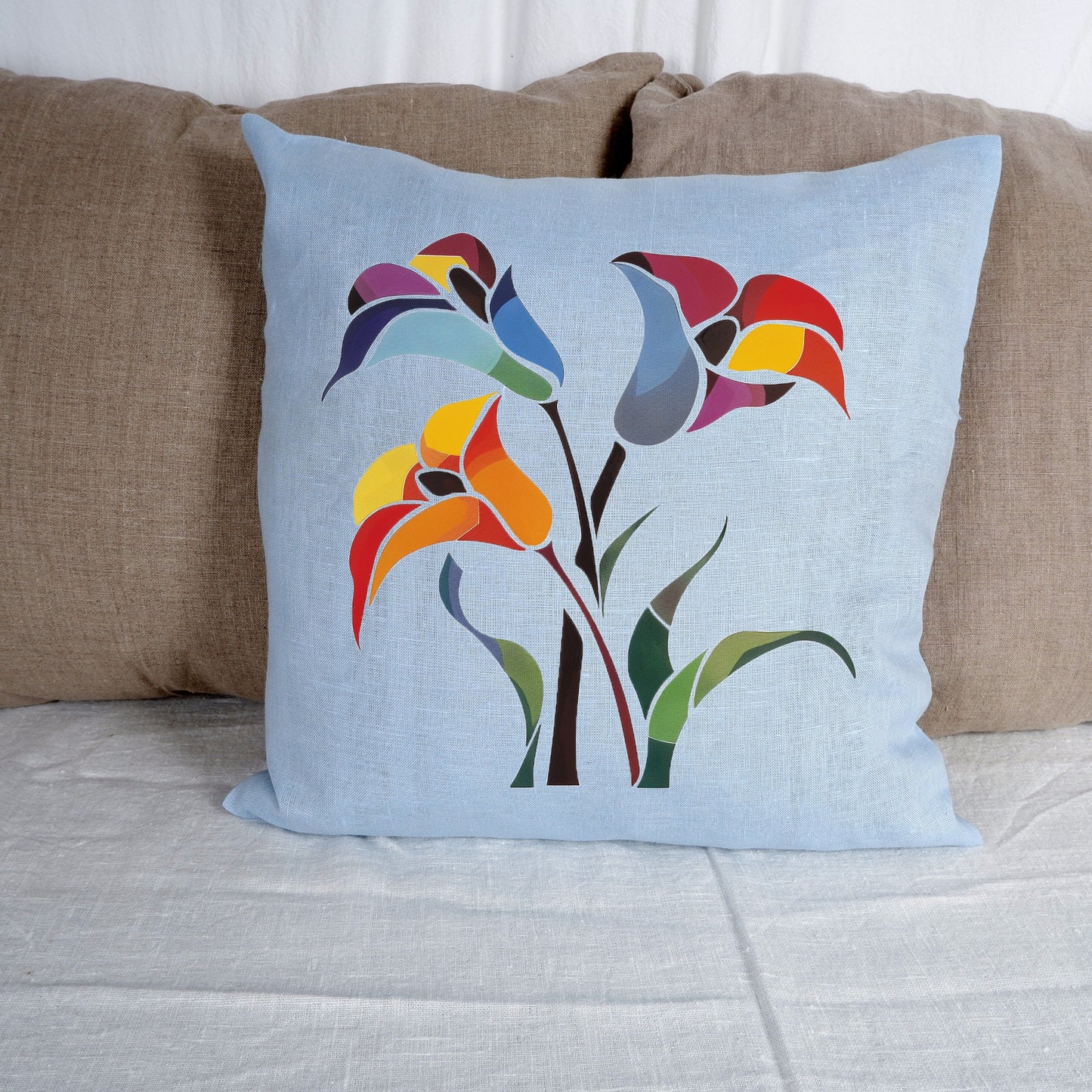 SALE LINEN Cushion cover with tulips print for contempory style , decorative linen pillow cover with art print, Housewarming Gift