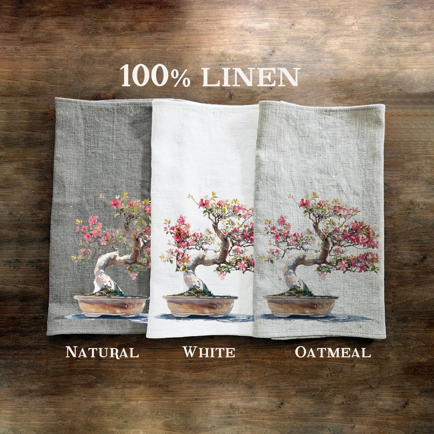 Japanese Tea Towel in linen Bonsai, Greenery white Hand Towels Tea, Farmhouse Dish Towel,  Kitchen Décor Tea Towel
