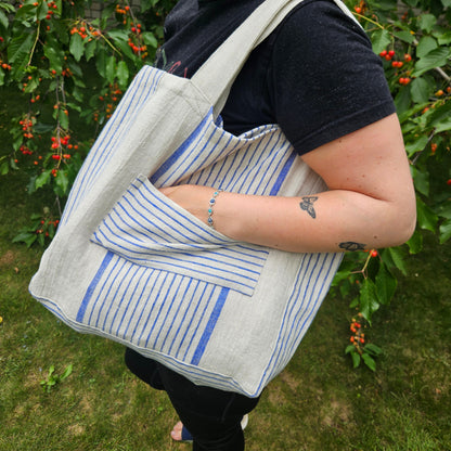 Tote bag in french striped linen, large shopping bag , striped linen bag, shoulder bag, French style linen beach bag, striped summer bag
