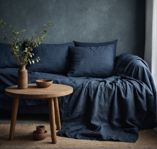 Linen Couch Cover Extra Large, Linen couch throw in custom size,  Natural sofa cover, Sectional Big bed cover, Sofa slip cover throw navy