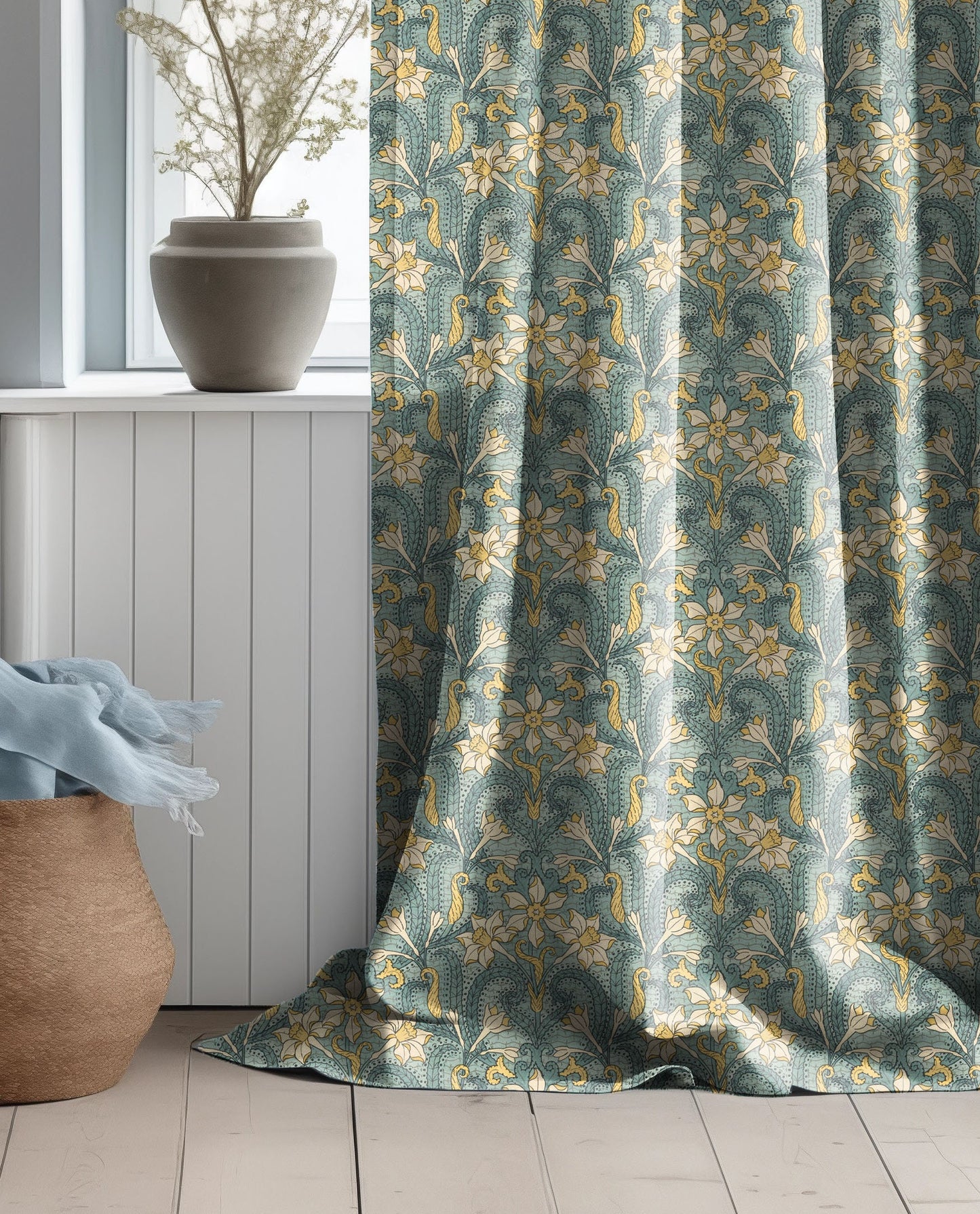 Jonquil Curtain Panel Maurice Pillard Verneuil, Floral Print Curtain Panels in custom size, Botanical Curtains for living room Art deco