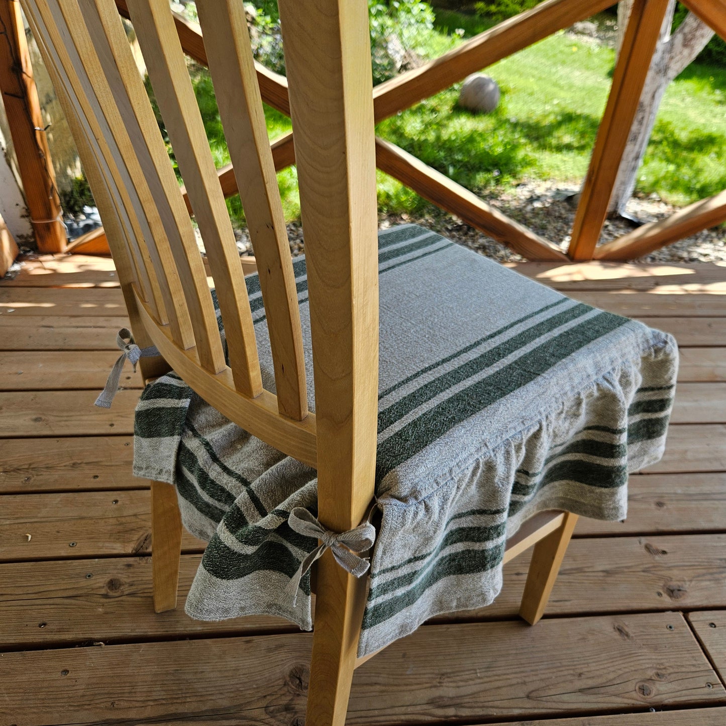 Linen Seat Cushion striped with ties - Striped Chair Pad Pillow - Natural French Style Heavy Weight 100% Linen Fabric french striped
