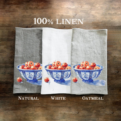 Cherry bowl Tea Towel in linen, Chinoise bowl Hand Towels Tea in linen, linen  Dish Towel, Holiday Kitchen Décor Tea Towel in linen