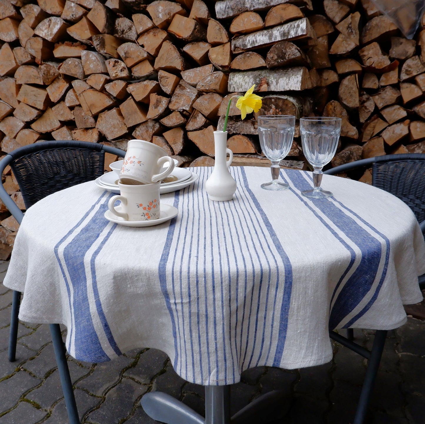100% Linen Tablecloth in french Provance striped linen for Round  table,  Table cloth  in Natural Linen in custom size