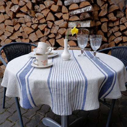 100% Linen Tablecloth in french Provance striped linen for Round  table,  Table cloth  in Natural Linen in custom size