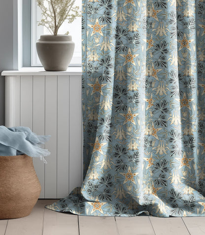 Columbine Curtain Panel from Maurice Pillard Verneuil, Floral blue Print Curtain Panels in custom size, Botanical Curtains for living room