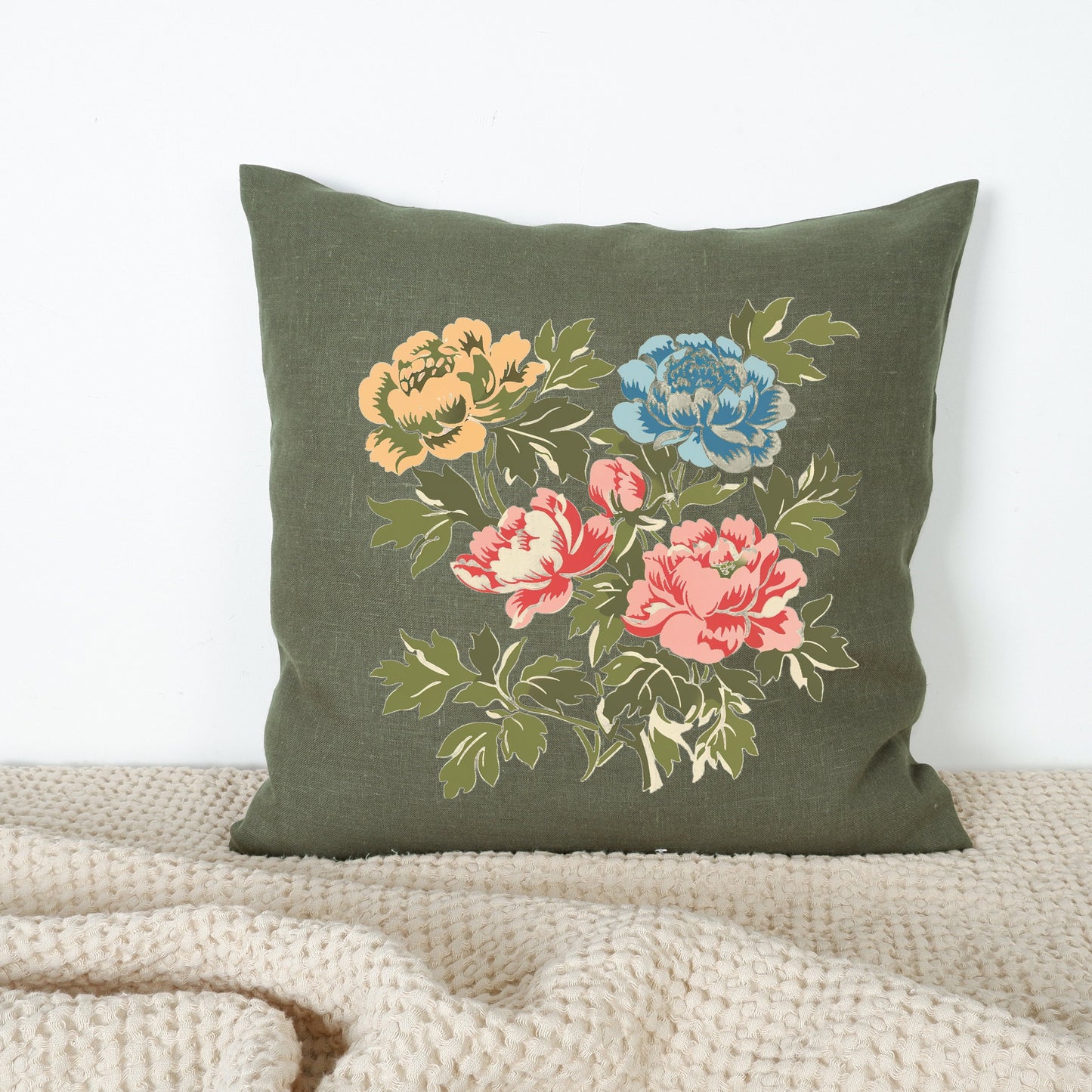SALE LINEN Cushion cover with peony print , decorative linen pillow cover with folk art print , Floral Housewarming Gift