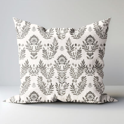 Modern grey linen Floral Pillow Cover, neutral Boho Pillow block print on linen, Coutrynome block printed pillow case in European flax