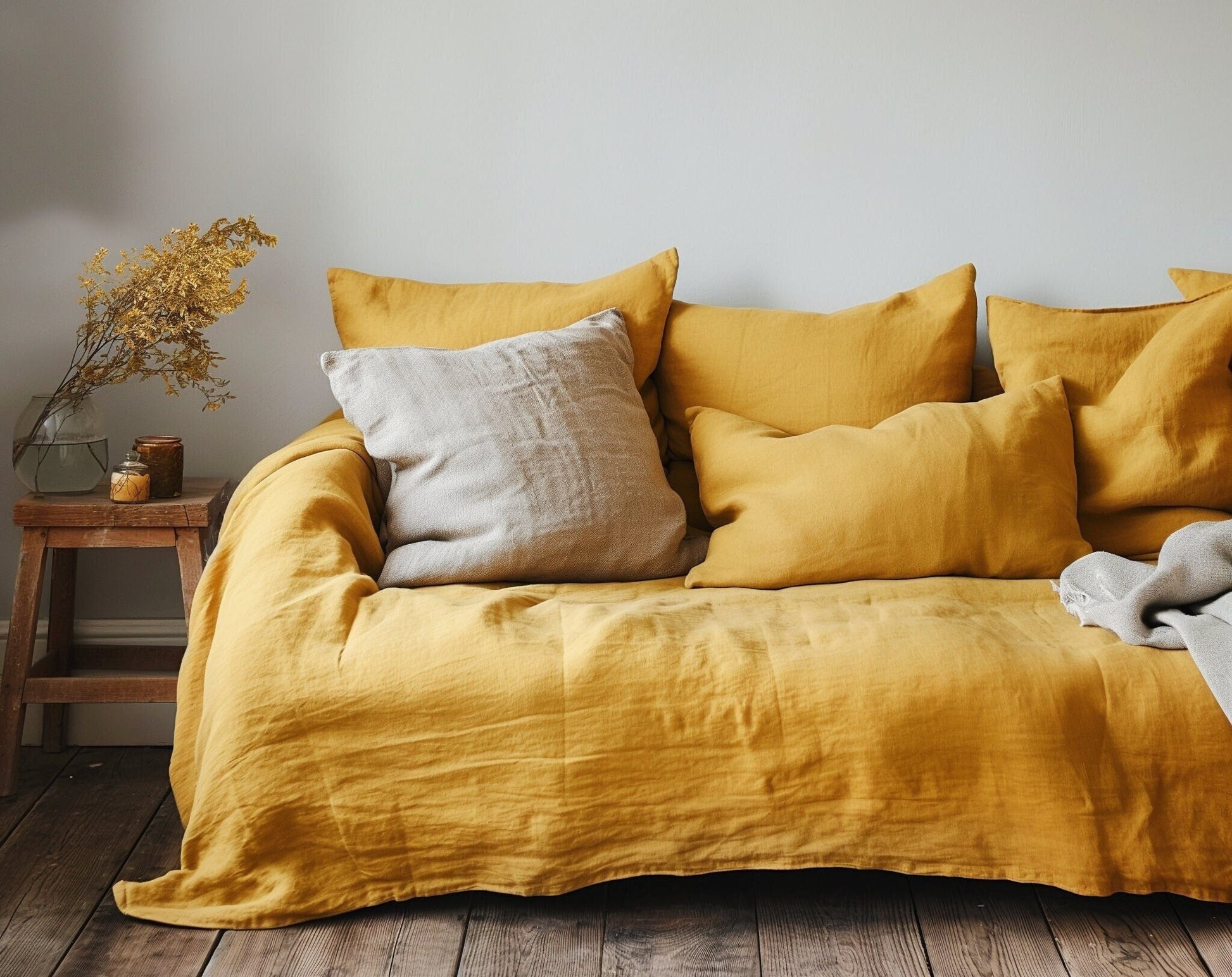 mustard yellow sofa cover in linen, couch bed cover blanket in linen in mustard yellow with matching