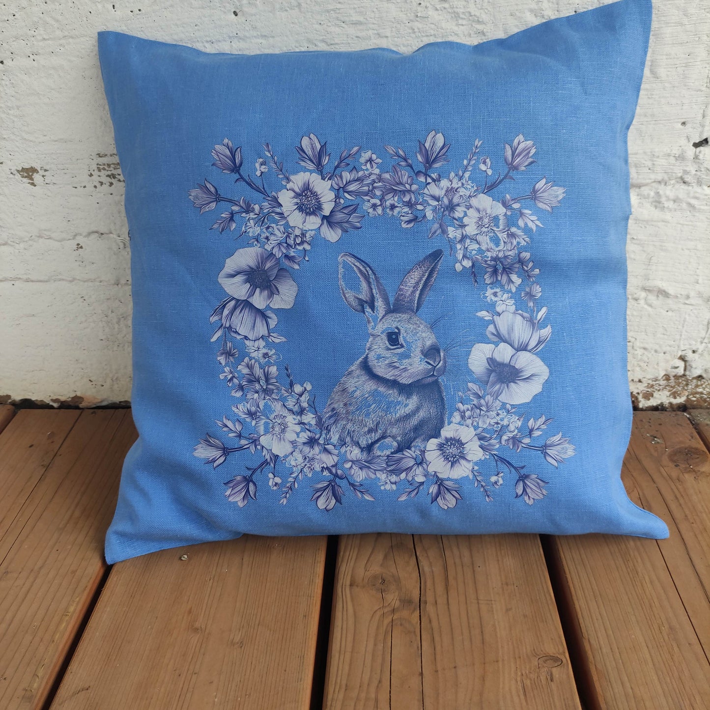 SALE LINEN Cushion cover in blue wreath with  rabbit , decorative linen pillow cover 40%OFF cushion