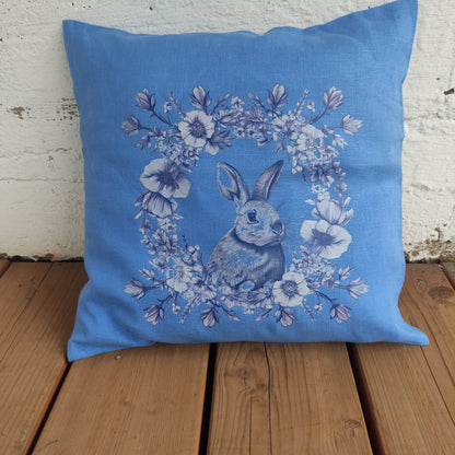 SALE LINEN Cushion cover in blue wreath with  rabbit , decorative linen pillow cover 40%OFF cushion
