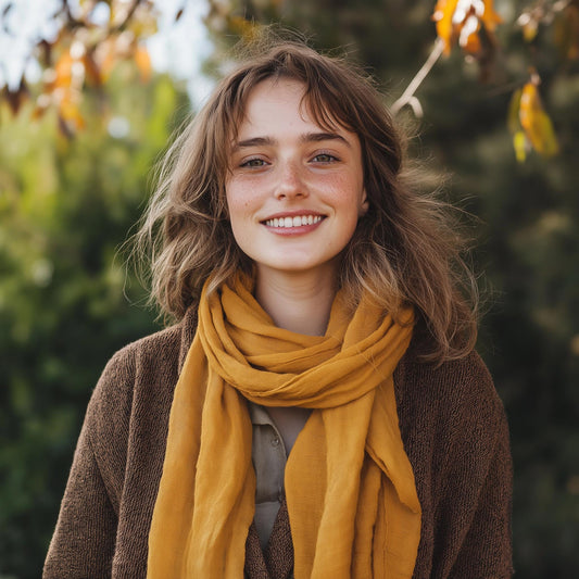 Linen Scarf in mustard yellow Unisex for men or women - mustard yellow organic pure linen scarf unisex - Gift Pure linen skinny wide scarf