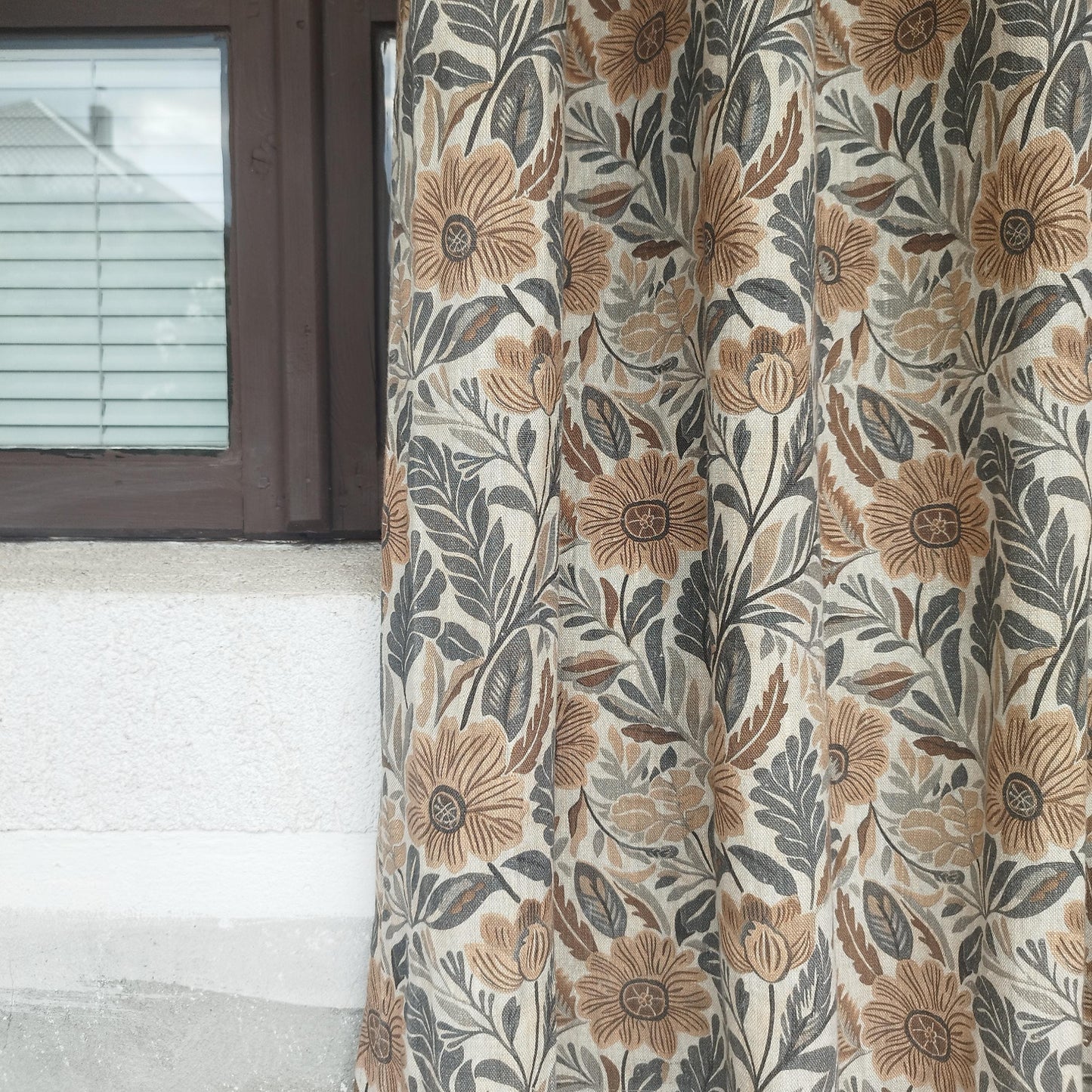 Curtains 100% Linen with botanical brown print PREWASHED. Japandi kitchen Living room linen window panel