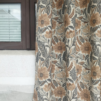 Curtains 100% Linen with botanical brown print PREWASHED. Japandi kitchen Living room linen window panel