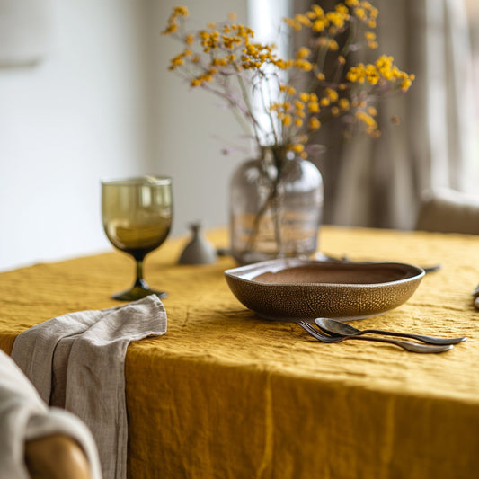 100% Linen tablecloth PREWASHED Plain color Natural French table cloth rustic rectangle square oval mustard yellow country style flax custom