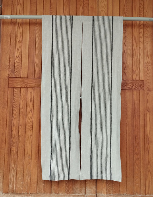 Randig Noren-gardin i linne, Japansk Noren-panel i linne, Japansk dörrgardin, Dörröppningsdraperi i linne, Noren-draperi i linne med stångficka