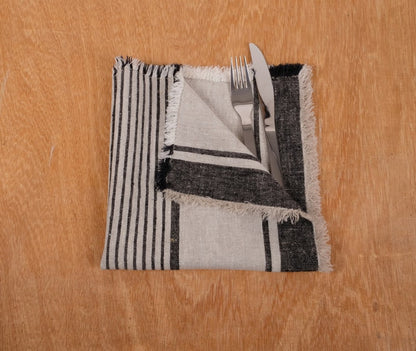Rustic linen napkins - French grain sack linen stripes black Cottage farmhouse country style Set of napkins. Stonewashed flax cloth placemat