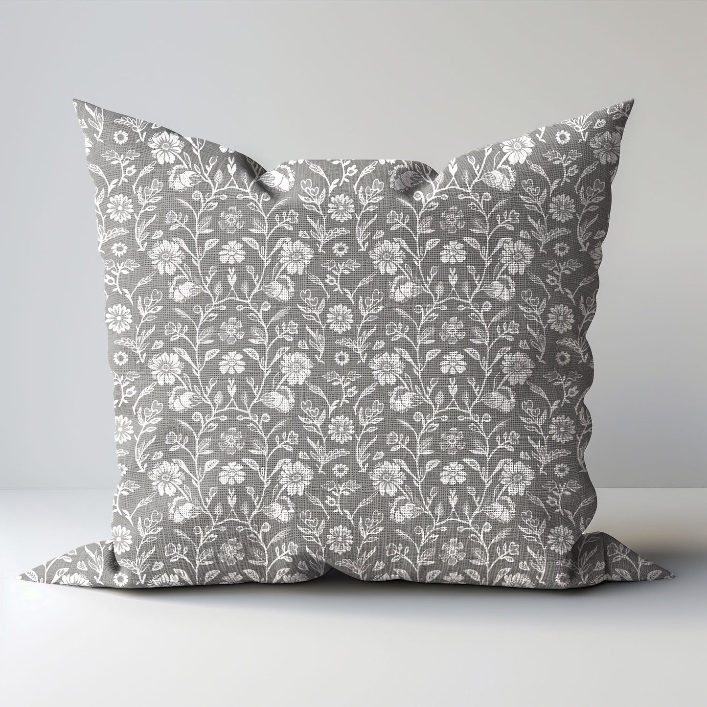 Modern grey linen Floral Pillow Cover, neutral Boho Pillow block print on linen, Coutrynome block printed pillow case in European flax
