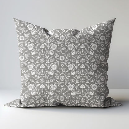 Modern grey linen Floral Pillow Cover, neutral Boho Pillow block print on linen, Coutrynome block printed pillow case in European flax