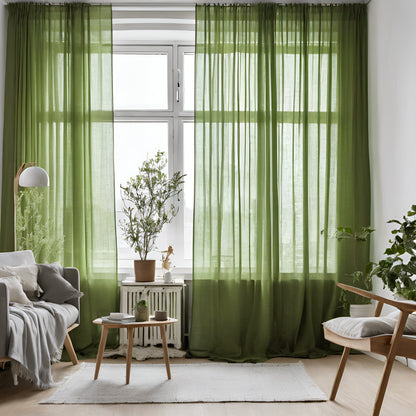 Sheer Linen Curtains, 100% linen Extra Long Curtains, Linen Curtains with rod pocket, green PREWASHED Sheer window panel curtains