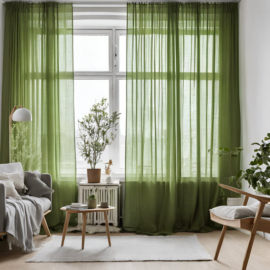 Sheer Linen Curtains, 100% linen Extra Long Curtains, Linen Curtains with rod pocket, green PREWASHED Sheer window panel curtains