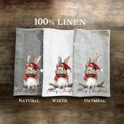 Christmas bunny Tea Towel in linen, Holiday decor hand Towels Tea in linen, Merry Christmas Dish Towel Kitchen Décor Tea Towel in linen