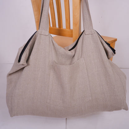 ZIPPER French style linen beach bag  - Oversized linen bag with zipper closure - linen beach bag with pockets  - large linen tote bag
