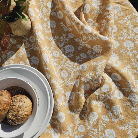 Linen foral tablecloth in mustard black print floral, Sophisticated designer contemporary tablecloth in linen