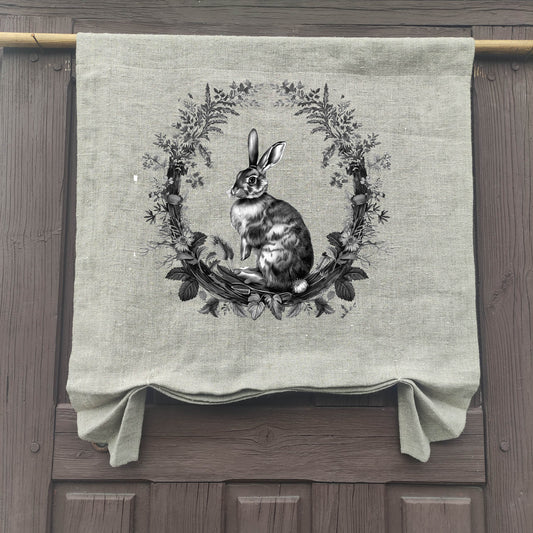 natural French Door Valance 1 Panel with rabbit stamp, white curtain panels for door window in linen for rustic farmhouse style