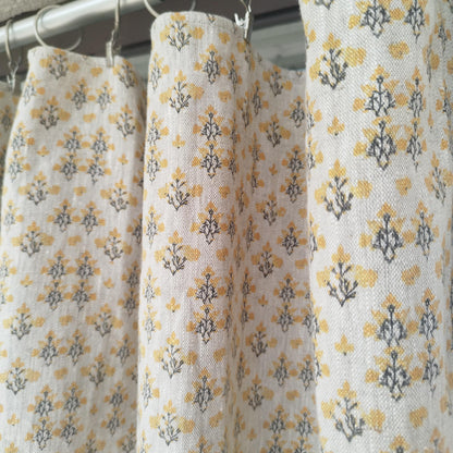 Curtains 100% Linen with indian block print yellow pattern PREWASHED. kitchen Living room farmhouse linen window panel