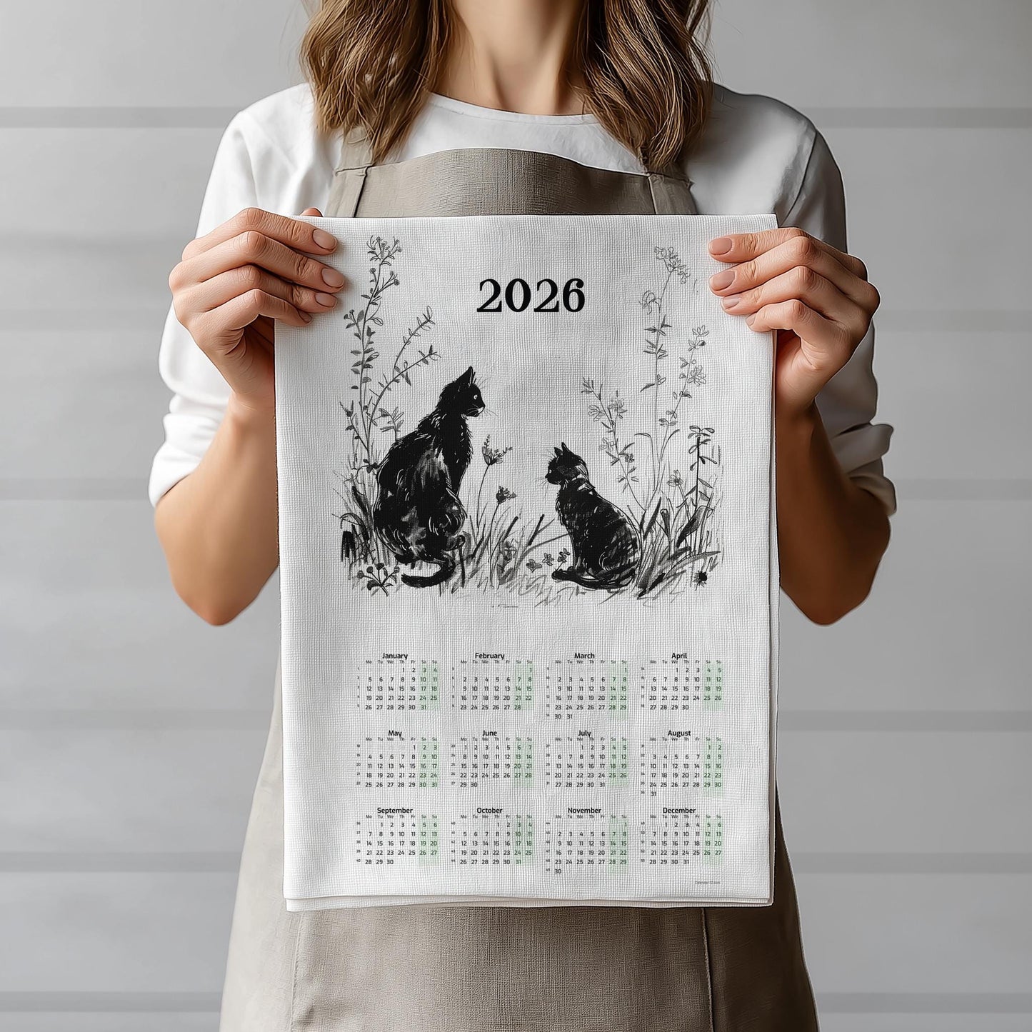 2026 Calendar Tea Towel - Cat in meadow - Home Sweet Home Linen Canvas Tea Towel - 100% linen kitchen towels