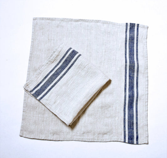 Linen napkins French linen. Natural - navy blue striped Cottage, coutry style linen. Set of linen napkins. Stonewashed. Linen cloth napkins.