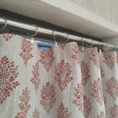 Curtains 100% Linen with red block print PREWASHED. kitchen Living room farmhouse curtains. Bedroom floral linen window panel