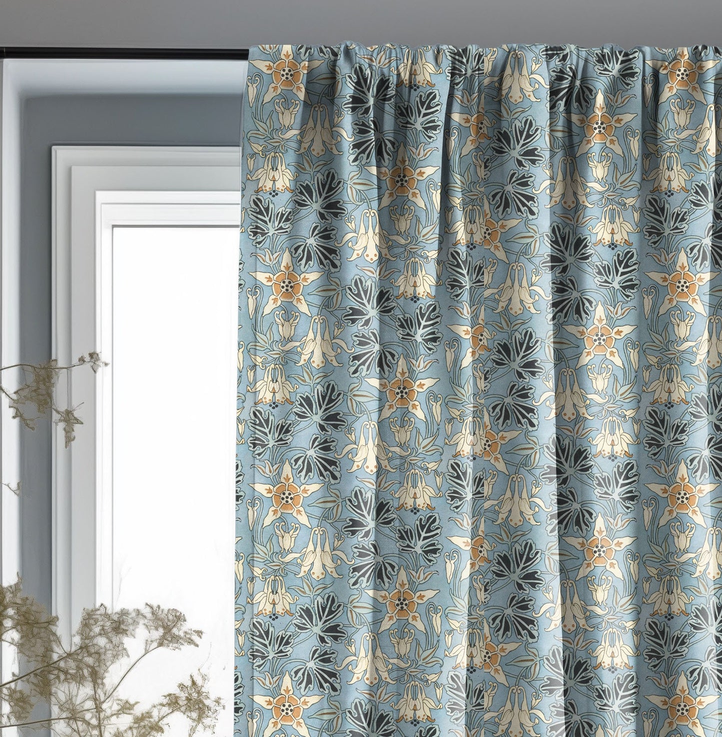 Columbine Curtain Panel from Maurice Pillard Verneuil, Floral blue Print Curtain Panels in custom size, Botanical Curtains for living room