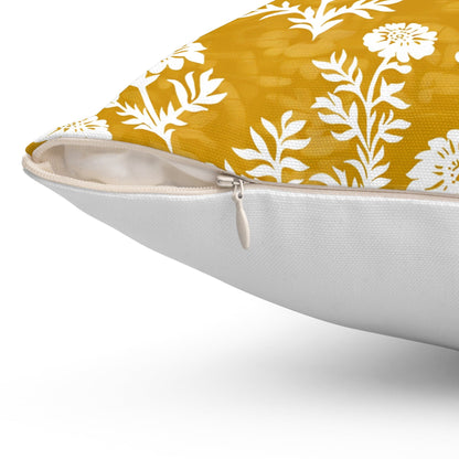 Designer Mustard yellow Floral on Linen Pillow Cover, white yellow mustard Boho Pillow, Farmhouse Floral Block printed pillow on flax