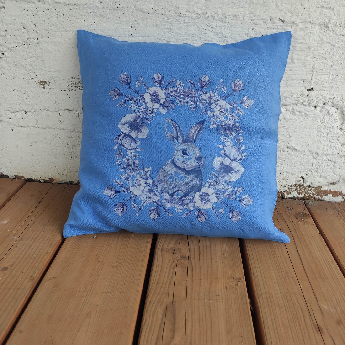 SALE LINEN Cushion cover in blue wreath with  rabbit , decorative linen pillow cover 40%OFF cushion