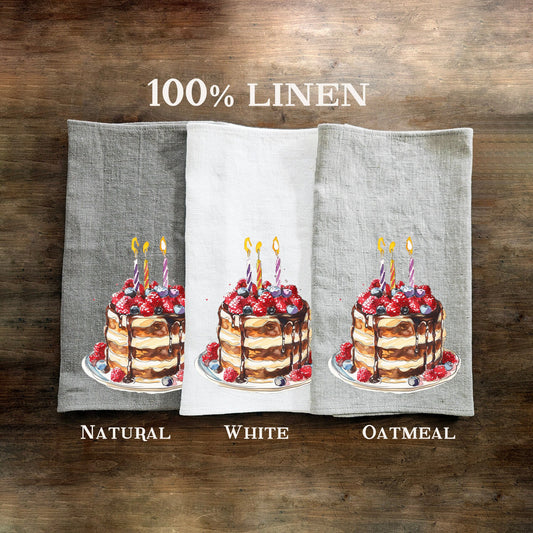 Birthday cake Towel Gift kitchen towels in linen, Birthday Towel Gift Girlfriend Gift, Floral Birthday Tea Towels, Birthday Dish Towel