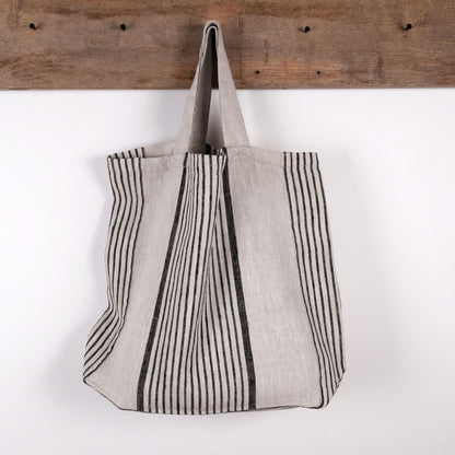 Linen tote bag - shopping bag - striped linen bag - shoulder bag - Organic French style linen beach bag, striped Linen beach summer bag