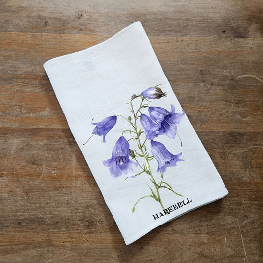 Harebell kökshandduk i linne, blommiga handdukar, botanisk blommig diskhandduk, lila blomma kökshandduk