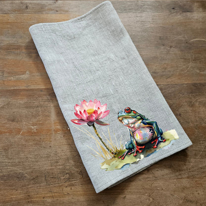 Frog & Lotus floral Tea Towel in linen, Botanical Hand Towels Tea in linen, pink flowers linen  Dish Towel  Kitchen Décor Tea Towel in linen