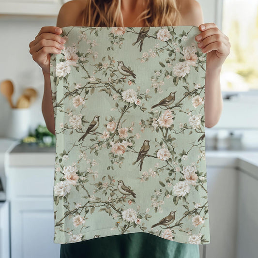 Toile de jouy  Tea Towel in linen - Green botanical Hand Tea towels - Farmhouse Floral Dish Décor Kitchen Towel with brids on trees