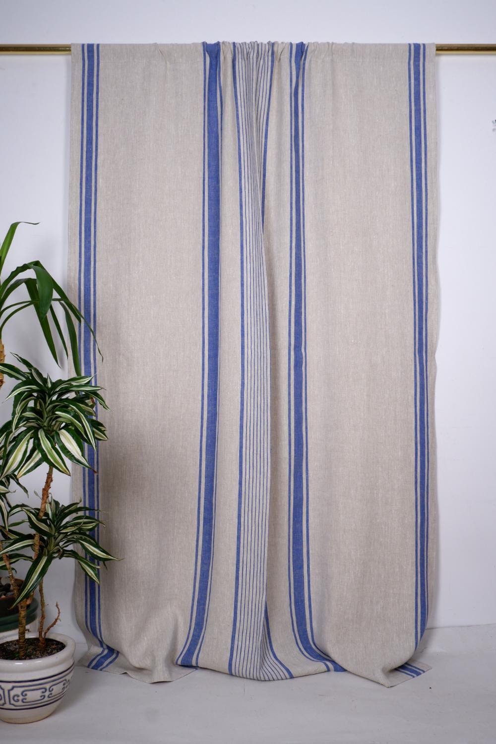 Curtains 100% Linen striped PREWASHED, window panel kitchen Living room farmhouse curtains. Grain Sack flax Bedroom indigo navy blue striped