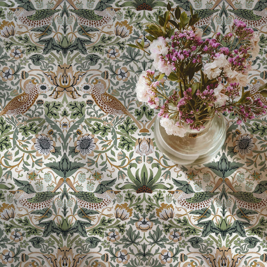 Linen tablecloth floral with birds - William Morris strawberry thief white table cloth - English heritage Victorian arts and crafts