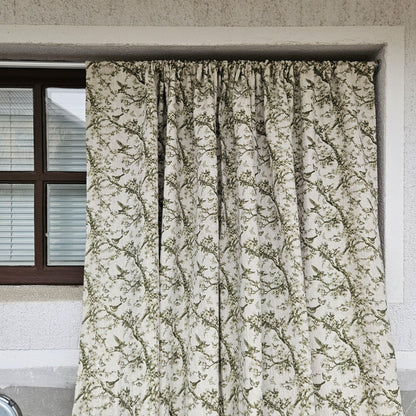 Curtains 100% Linen with French block print green toile de jouy pattern PREWASHED - kitchen Living room farmhouse window panel french linen