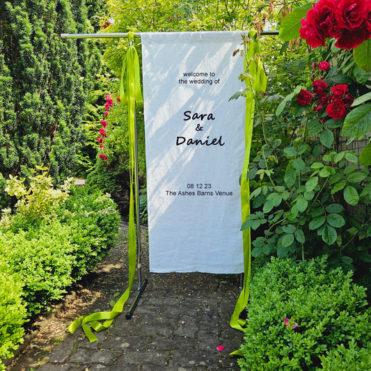linen Wedding Welcome Sign with silk ribbons bows, custom fabric sign for party, Welcome to the wedding sign, Baby Shower Sign
