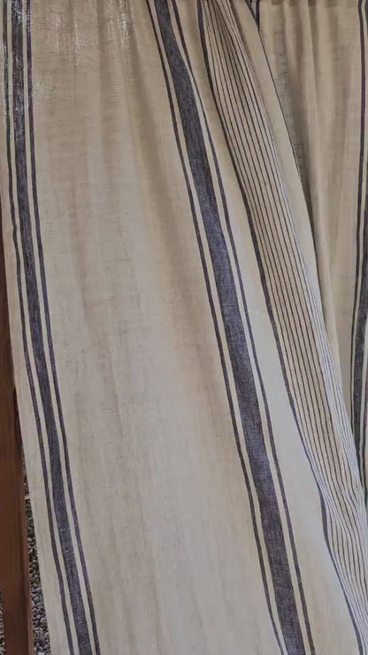 Curtains 100% Linen striped PREWASHED, window panel kitchen Living room farmhouse curtains. Grain Sack flax Bedroom indigo navy blue striped