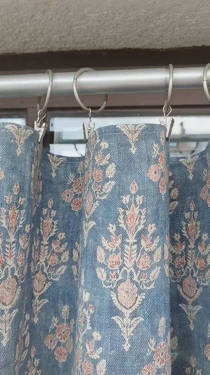 Curtains 100% Linen with indian block print blue pattern  PREWASHED. kitchen Living room farmhouse linen window panel
